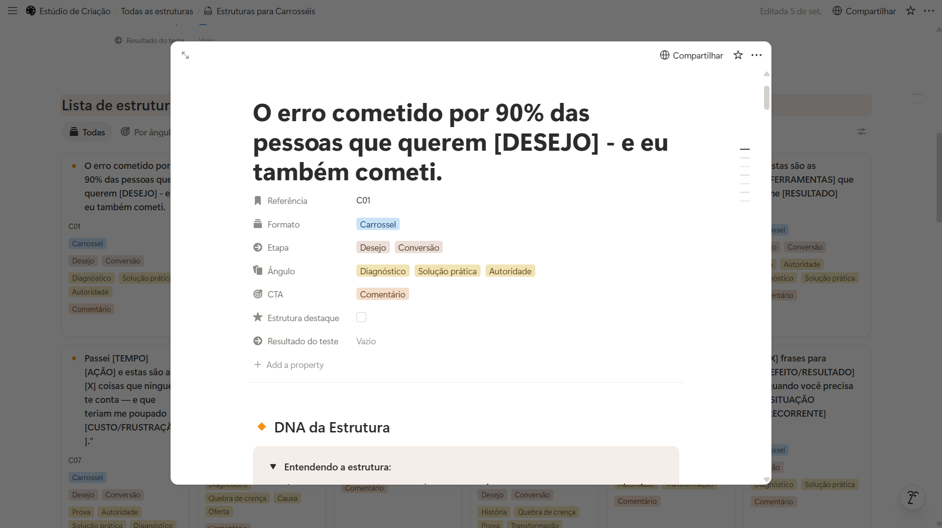 Cada estrutura catalogada