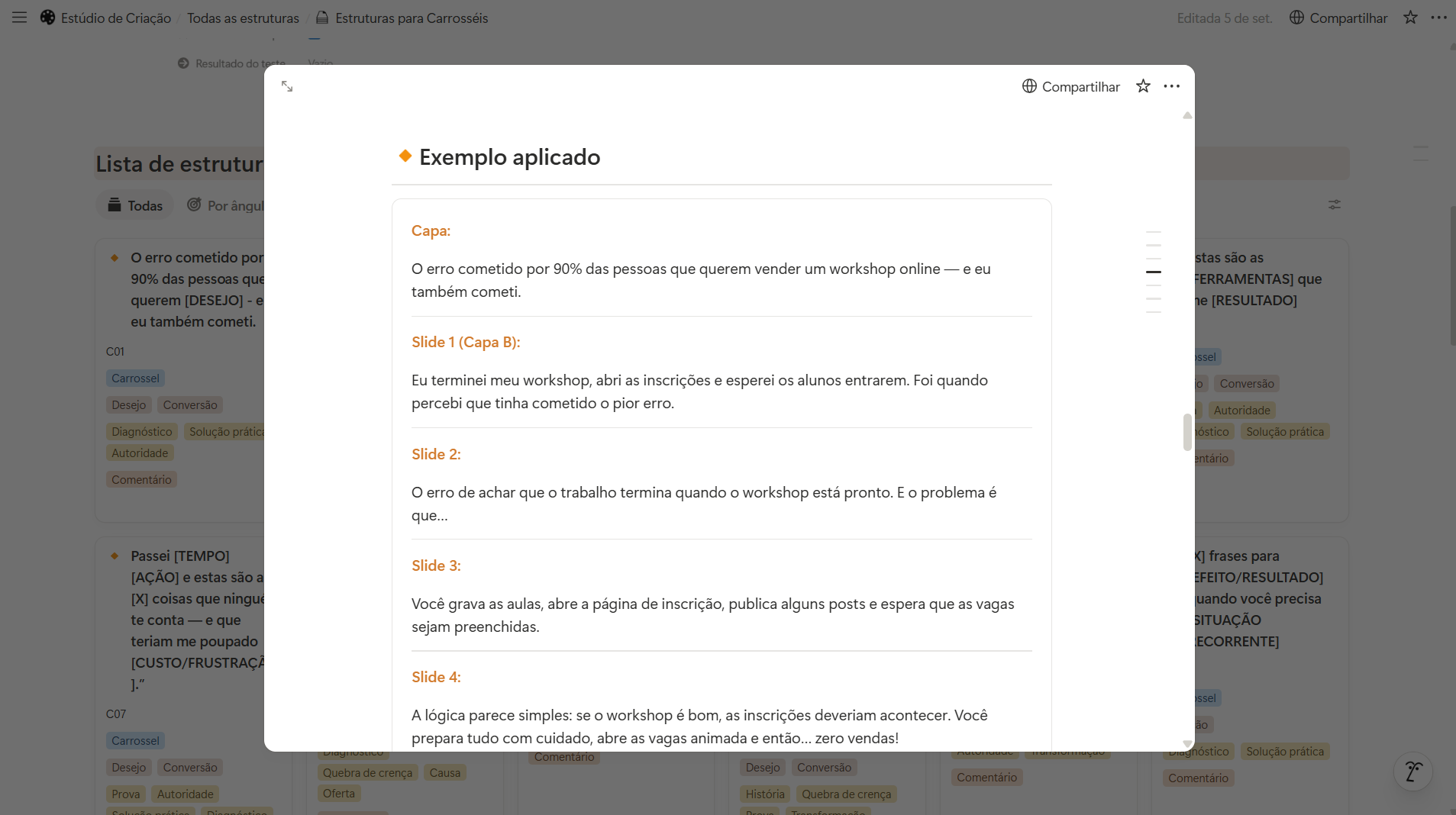 O exemplo aplicado do começo ao fim, slide a slide, para você ver a estrutura funcionando.