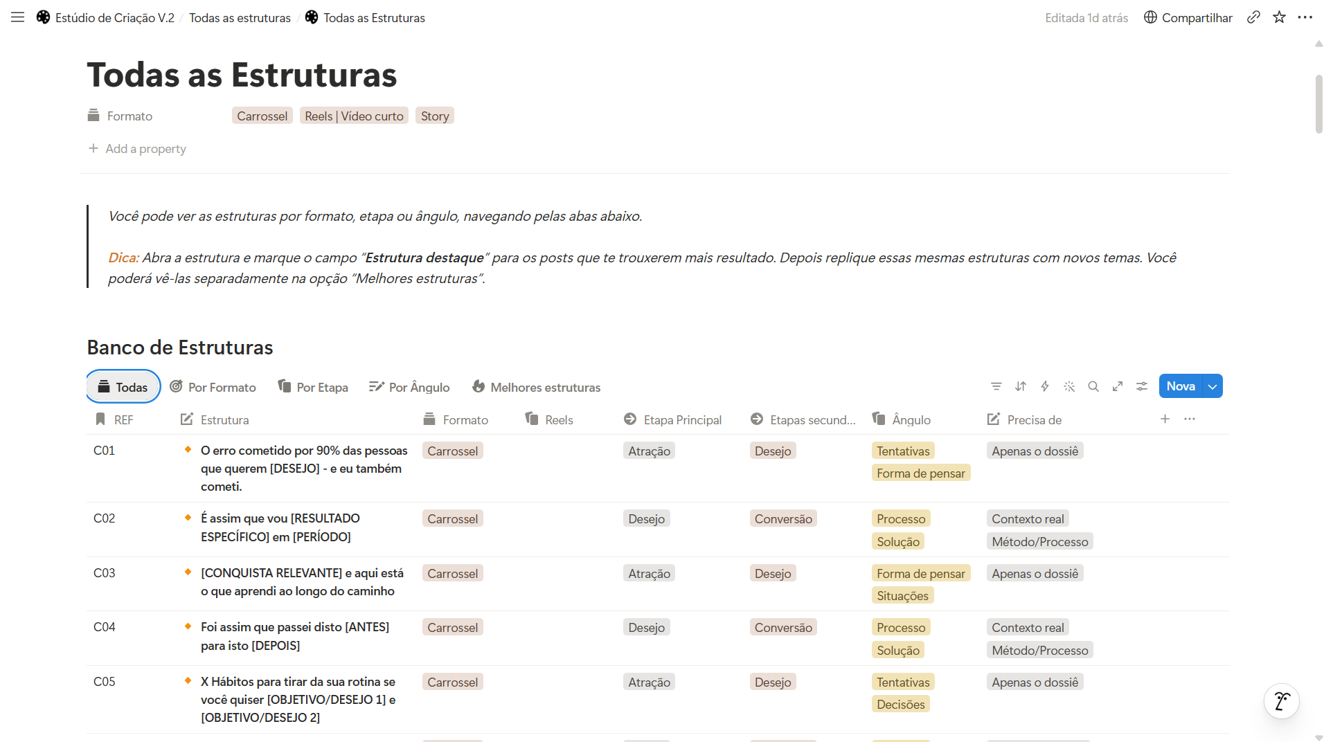 Lista de estruturas com explicação de uso e prompt de adaptação